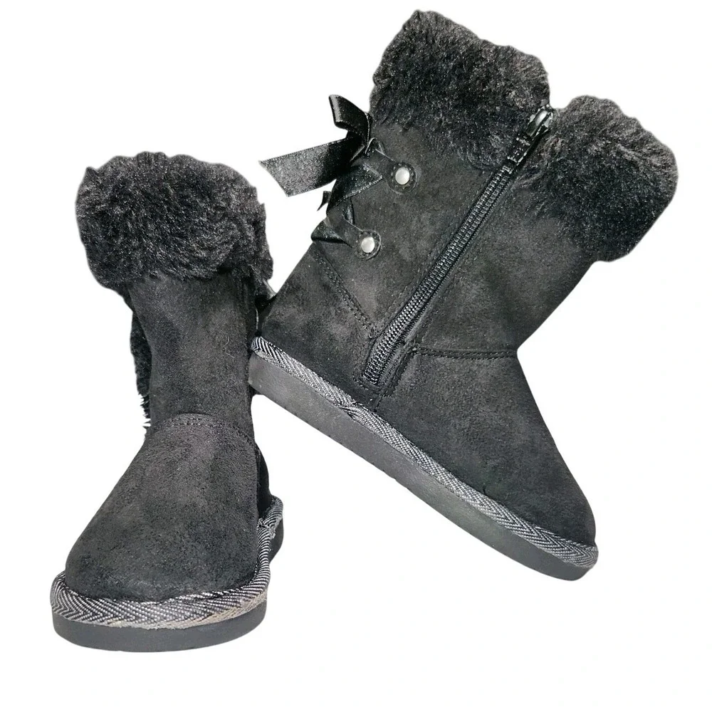 Black Faux Fur Shimmer Bow Winter Boots Toddler Size 8